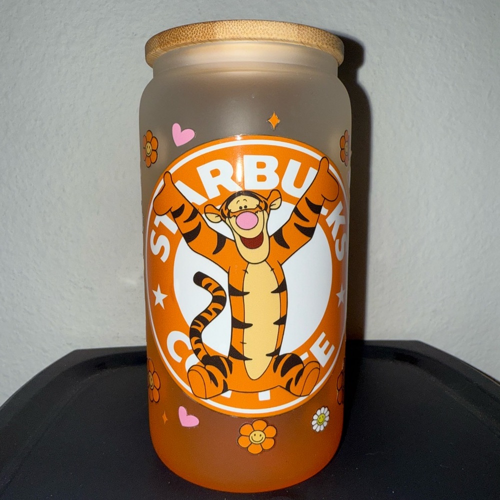 Starbucks Tigger Frosted Glass with Orange and White Design